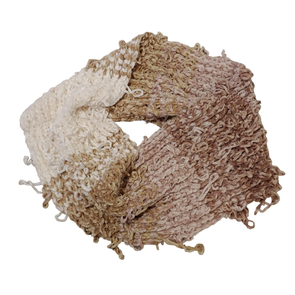 Handknit Cream, Tan, Mauve Shaggy Infinity Scarf